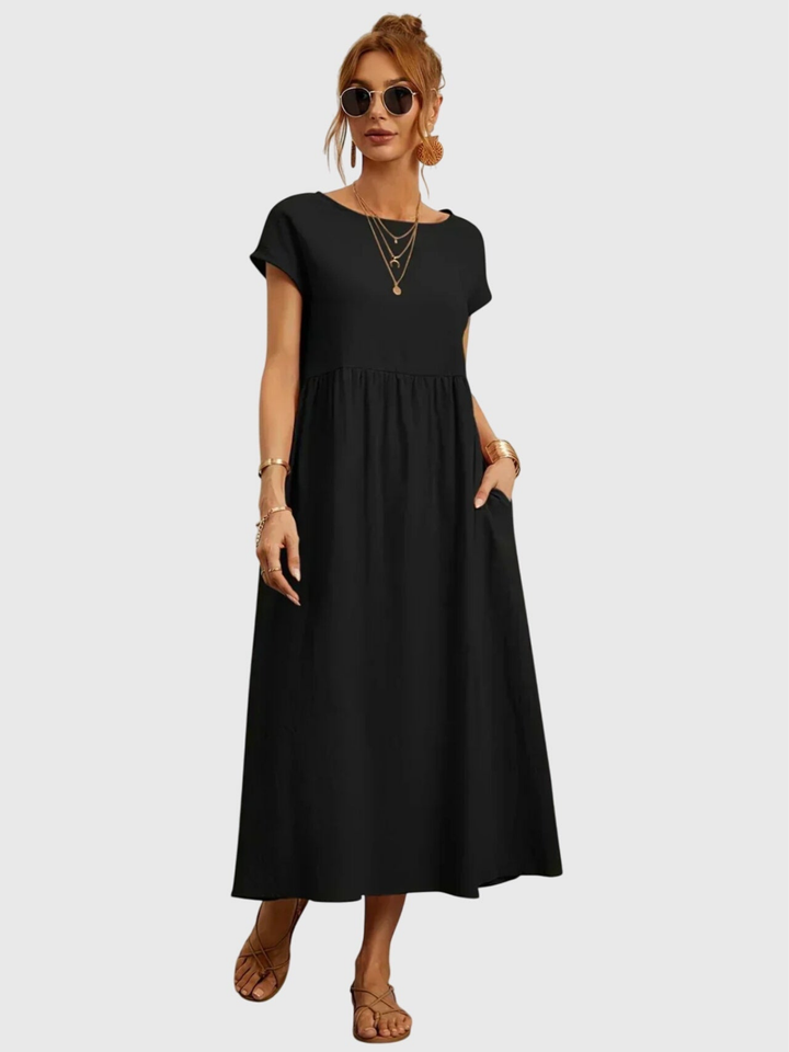 Waverly | Women's Linen Round Neck Gathered Waist Midi Dress Carol & Margaret Wilmington