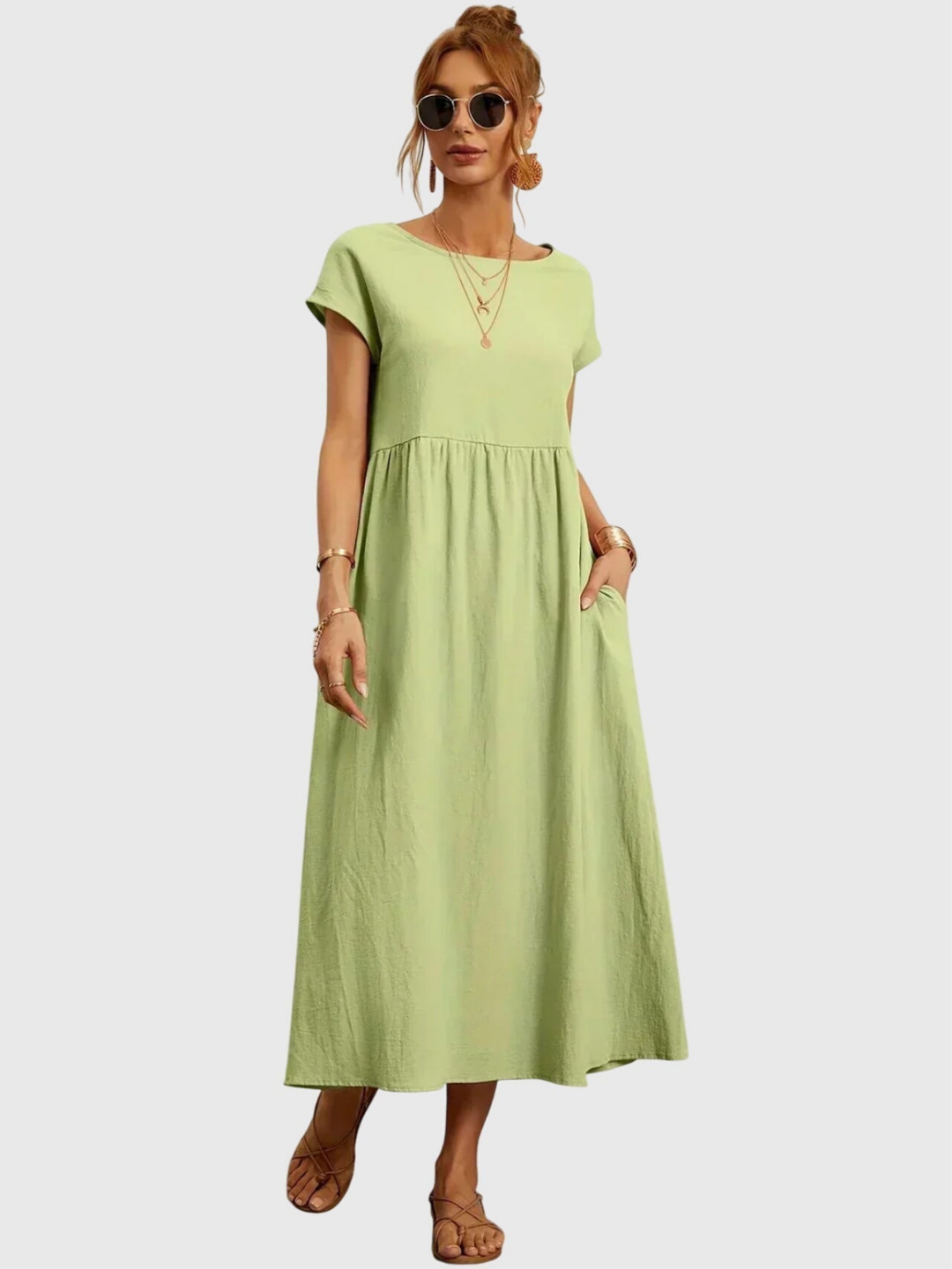 Waverly | Women's Linen Round Neck Gathered Waist Midi Dress Carol & Margaret Wilmington