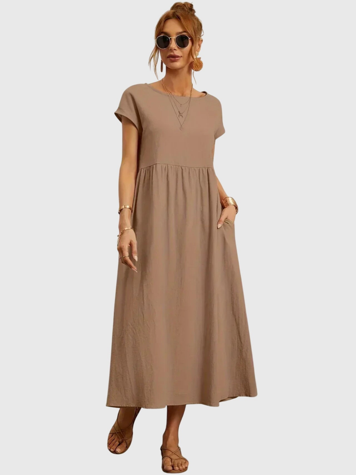 Waverly | Women's Linen Round Neck Gathered Waist Midi Dress Carol & Margaret Wilmington