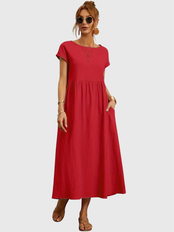 Waverly | Women's Linen Round Neck Gathered Waist Midi Dress Carol & Margaret Wilmington