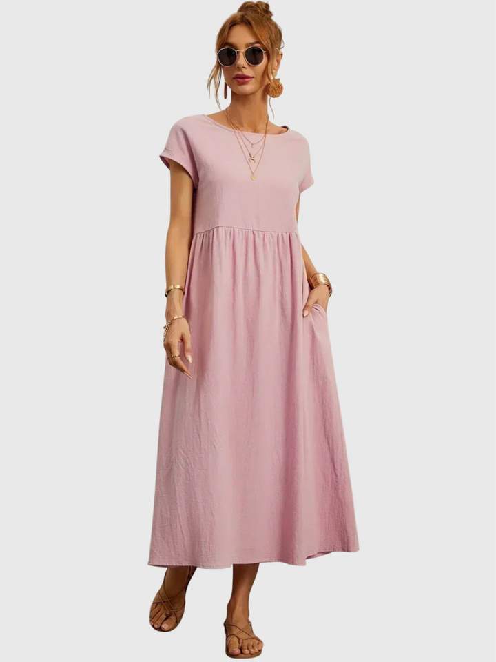 Waverly | Women's Linen Round Neck Gathered Waist Midi Dress Carol & Margaret Wilmington