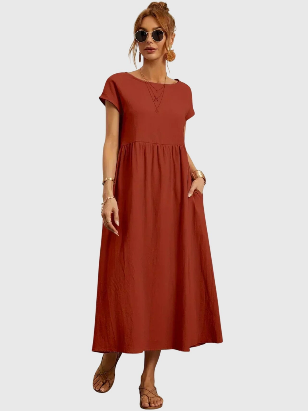 Waverly | Women's Linen Round Neck Gathered Waist Midi Dress Carol & Margaret Wilmington