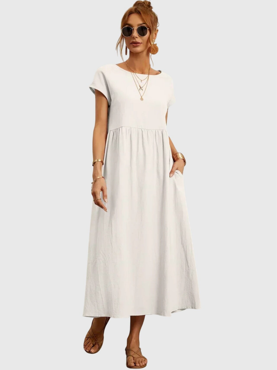 Waverly | Women's Linen Round Neck Gathered Waist Midi Dress Carol & Margaret Wilmington