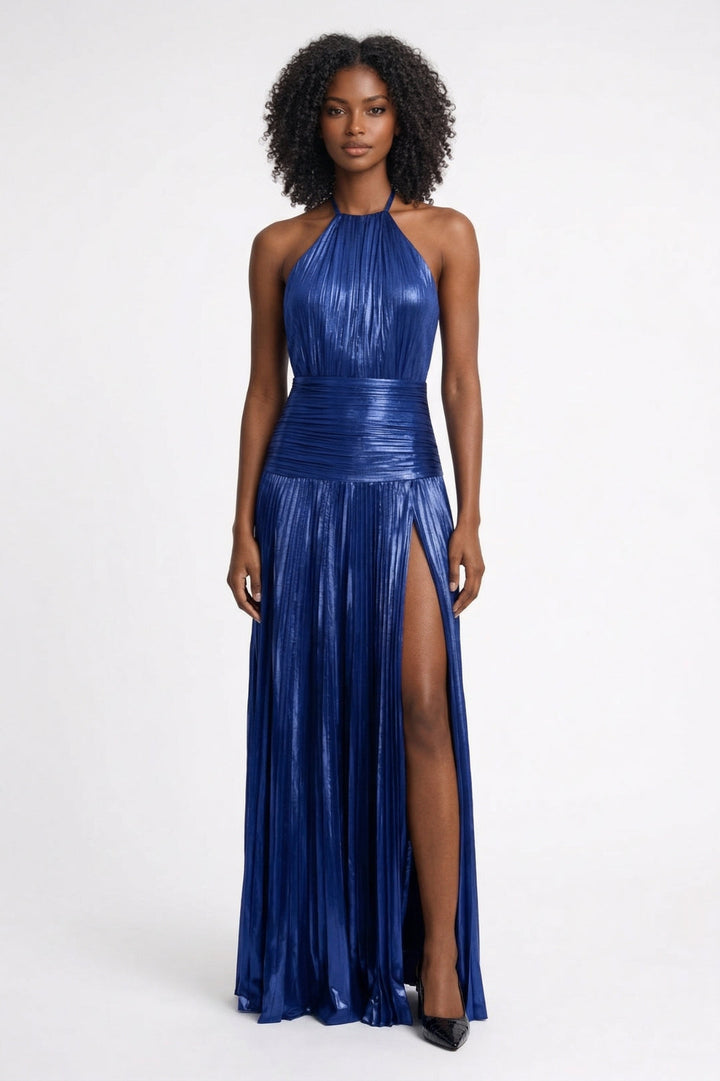 Jaliyah | Women's Metallic Halter High Split Maxi Dress