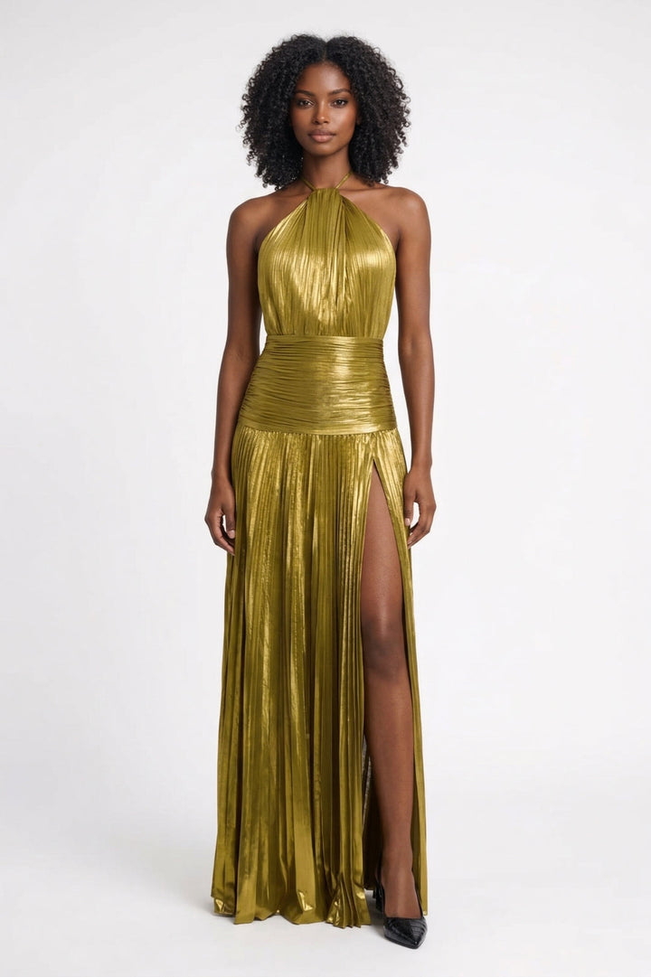 Jaliyah | Women's Metallic Halter High Split Maxi Dress