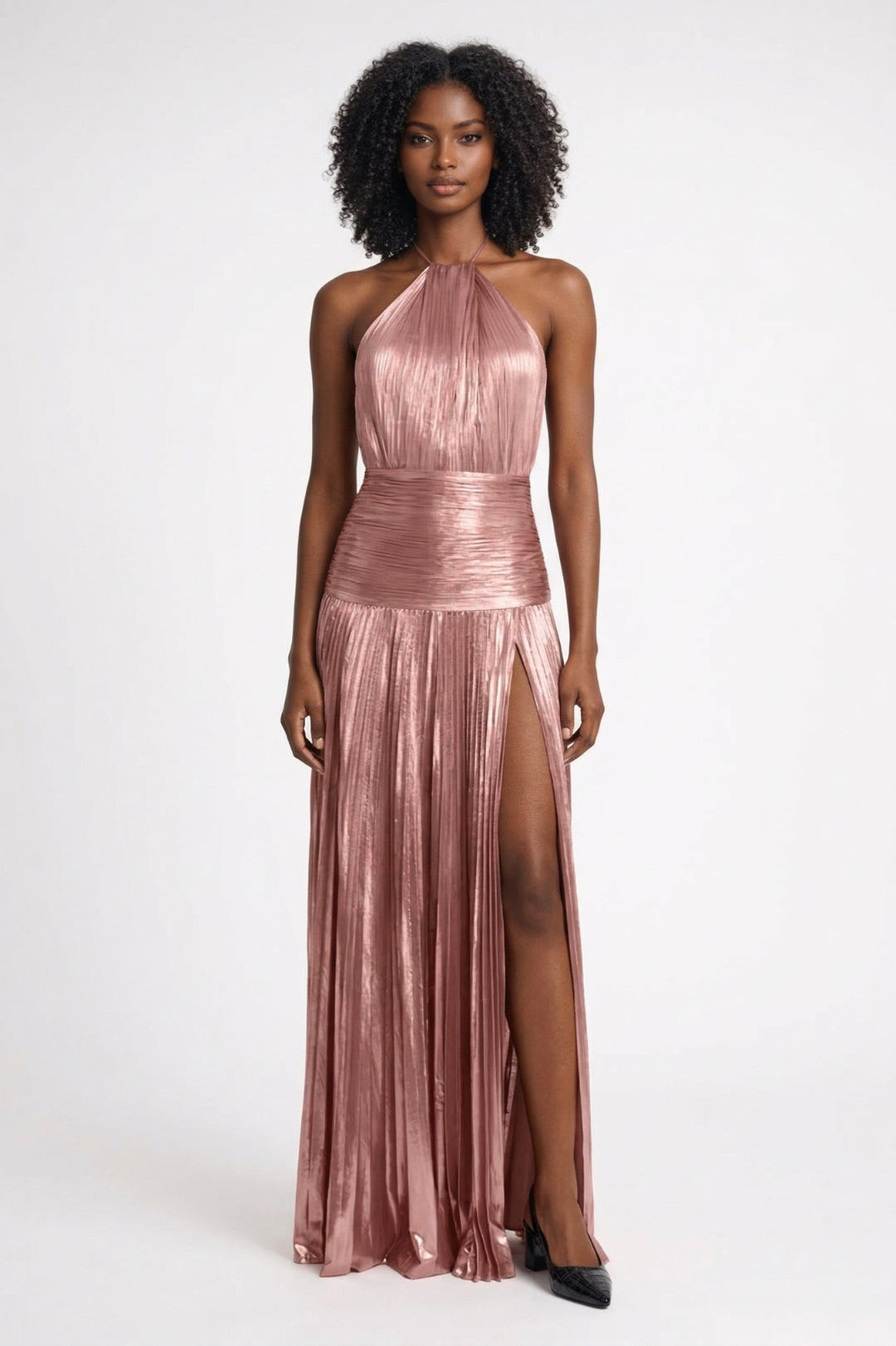 Jaliyah | Women's Metallic Halter High Split Maxi Dress