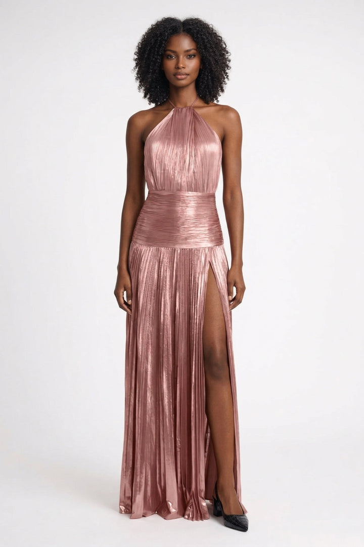 Jaliyah | Women's Metallic Halter High Split Maxi Dress