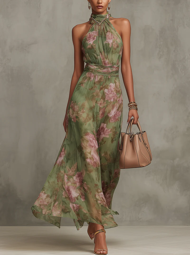 Woman wearing floral halter maxi dress with cinched waist