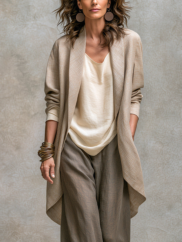 Woman wearing taupe wide leg three piece pant suit set