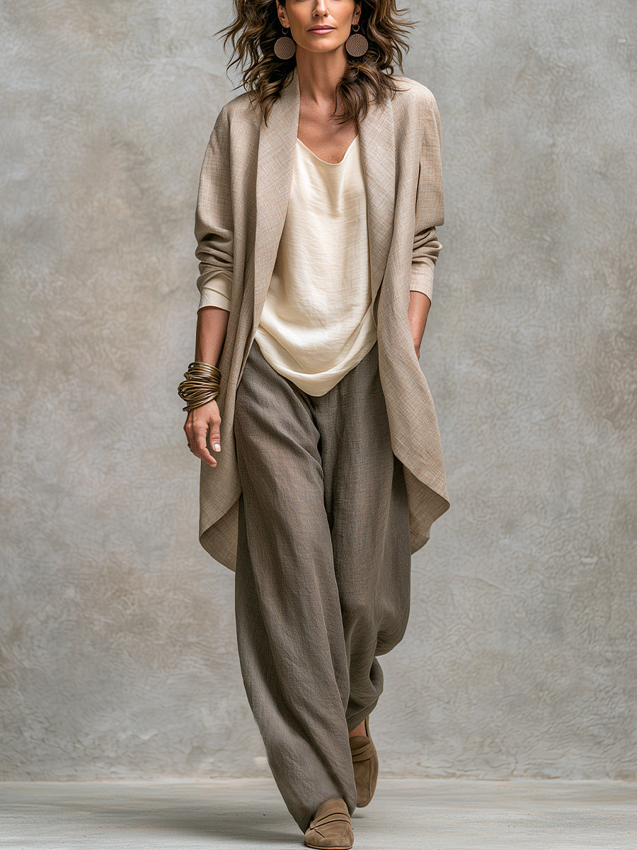 Woman wearing taupe wide leg three piece pant suit set