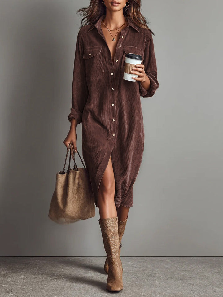 Woman wearing ribbed midi shirt dress with chest pockets