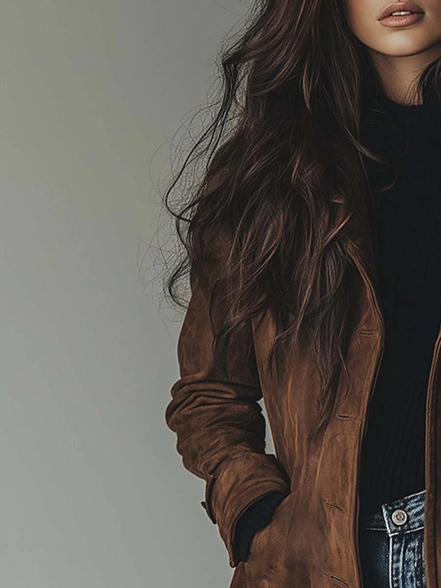 Women's brown vintage-style trench coat worn over outfit