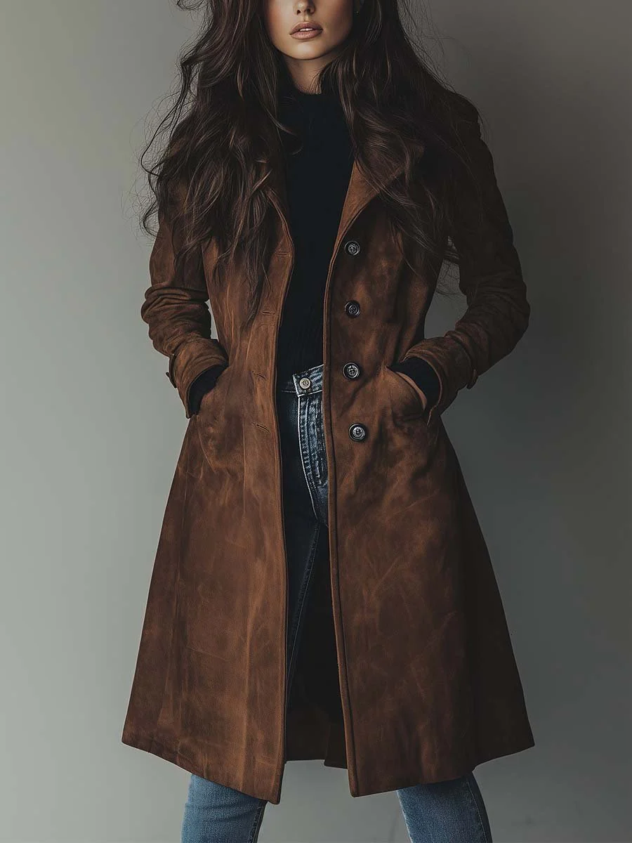 Women's brown vintage-style trench coat worn over outfit