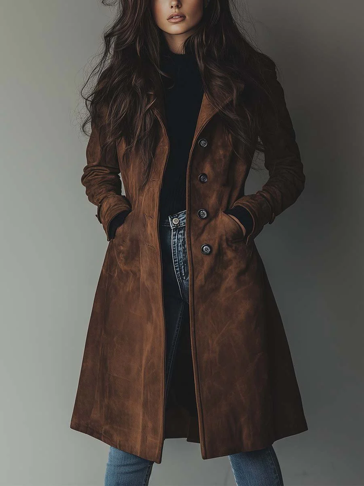Women's brown vintage-style trench coat worn over outfit