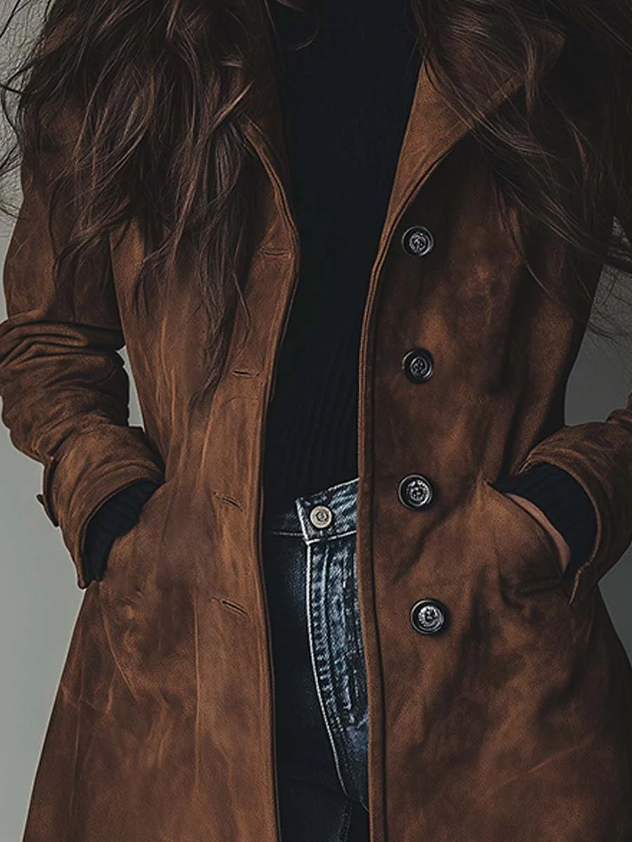 Women's brown vintage-style trench coat worn over outfit