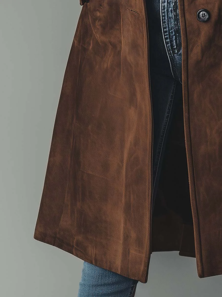 Women's brown vintage-style trench coat worn over outfit