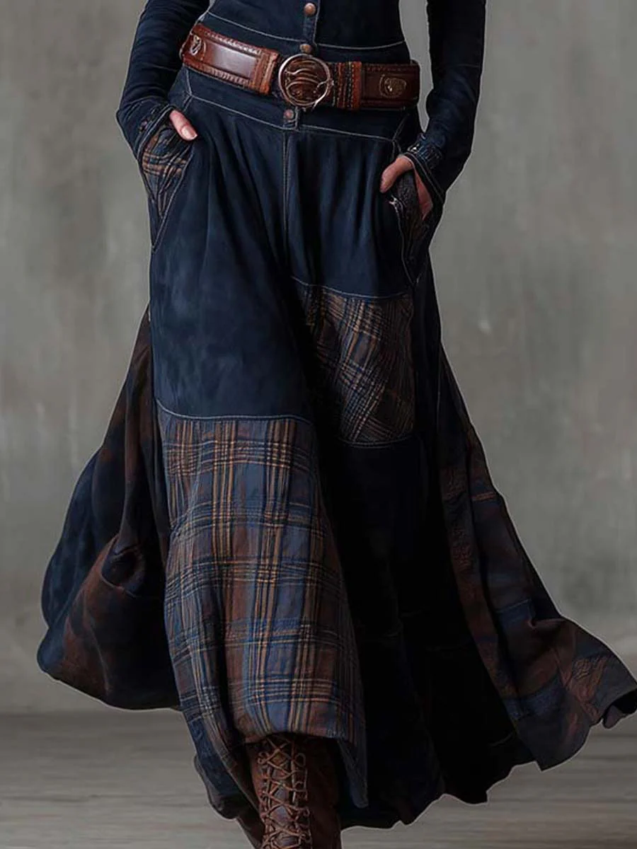 Women's navy patchwork maxi dress with plaid panels and belt