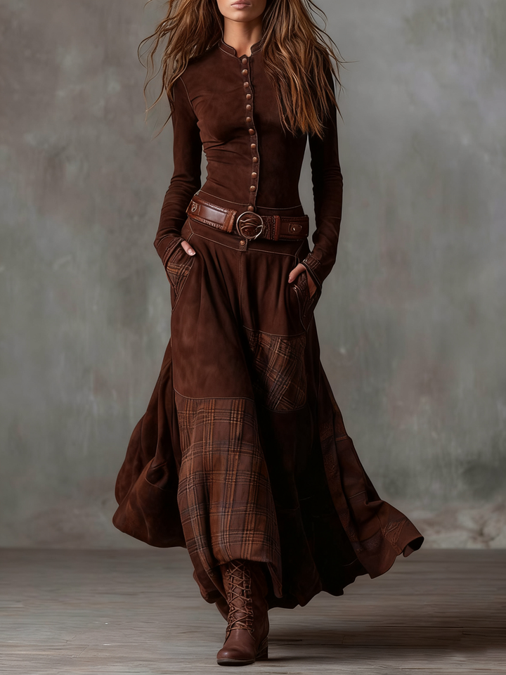 Women's navy patchwork maxi dress with plaid panels and belt