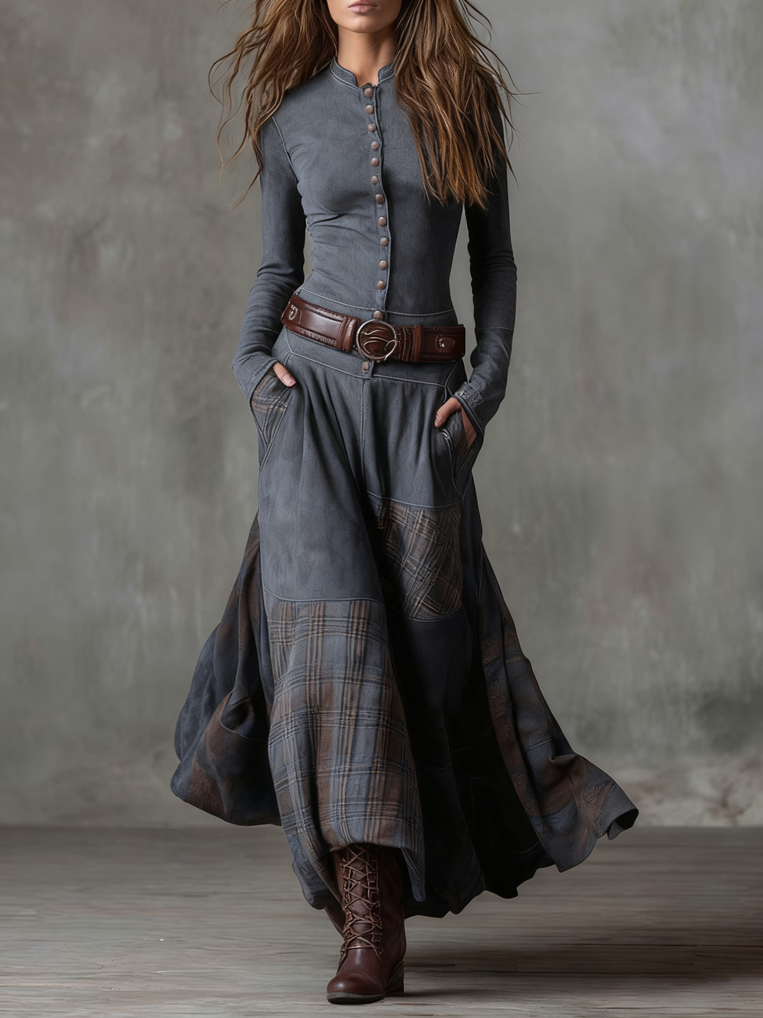 Women's navy patchwork maxi dress with plaid panels and belt