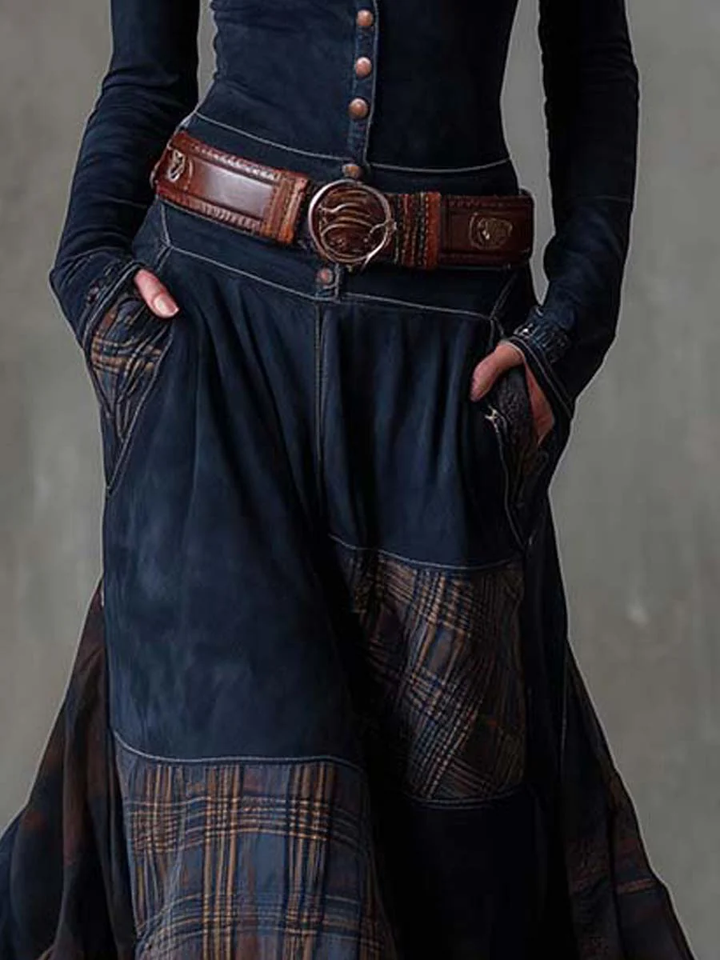 Women's navy patchwork maxi dress with plaid panels and belt
