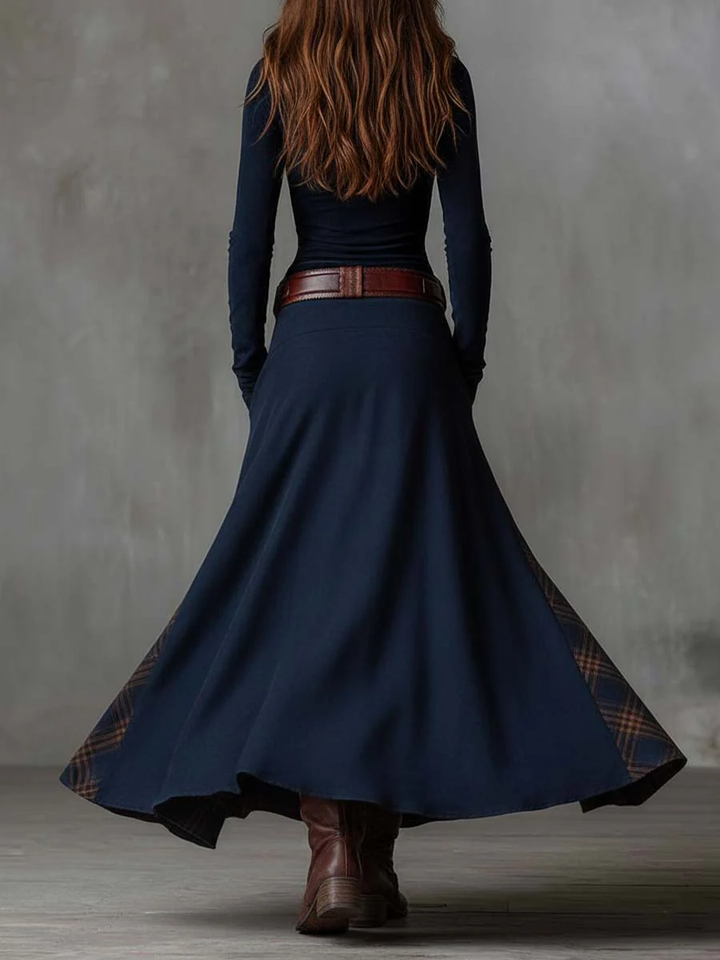 Women's navy patchwork maxi dress with plaid panels and belt
