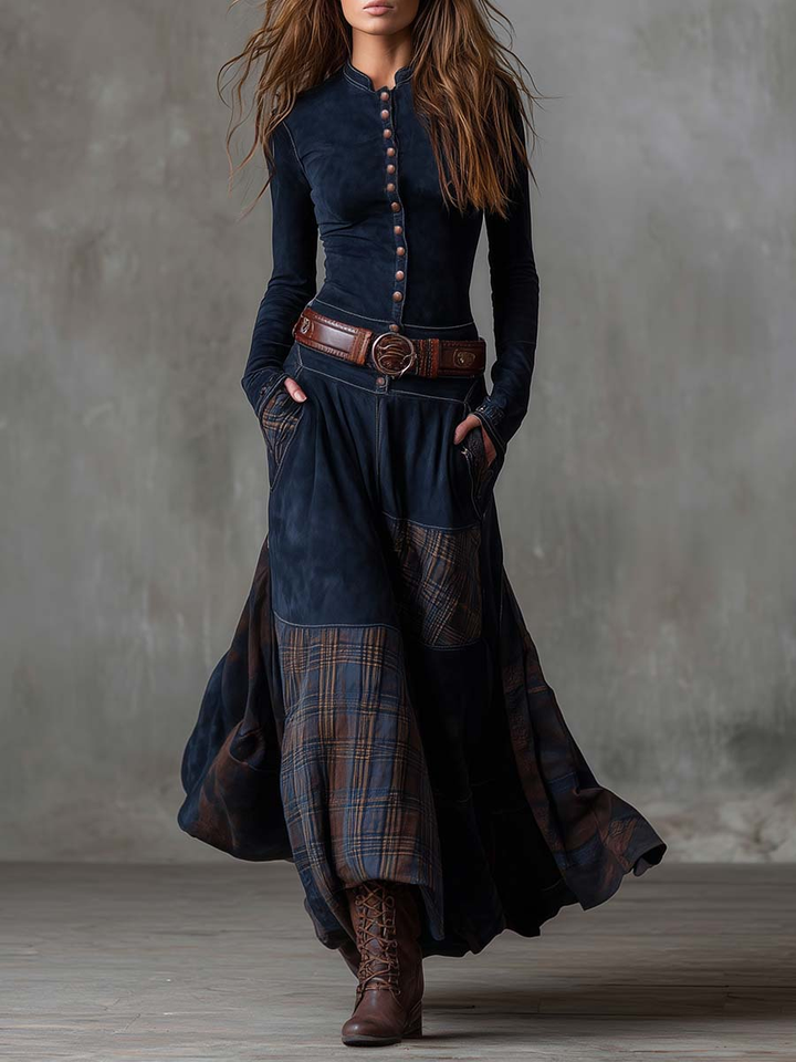 Women's navy patchwork maxi dress with plaid panels and belt