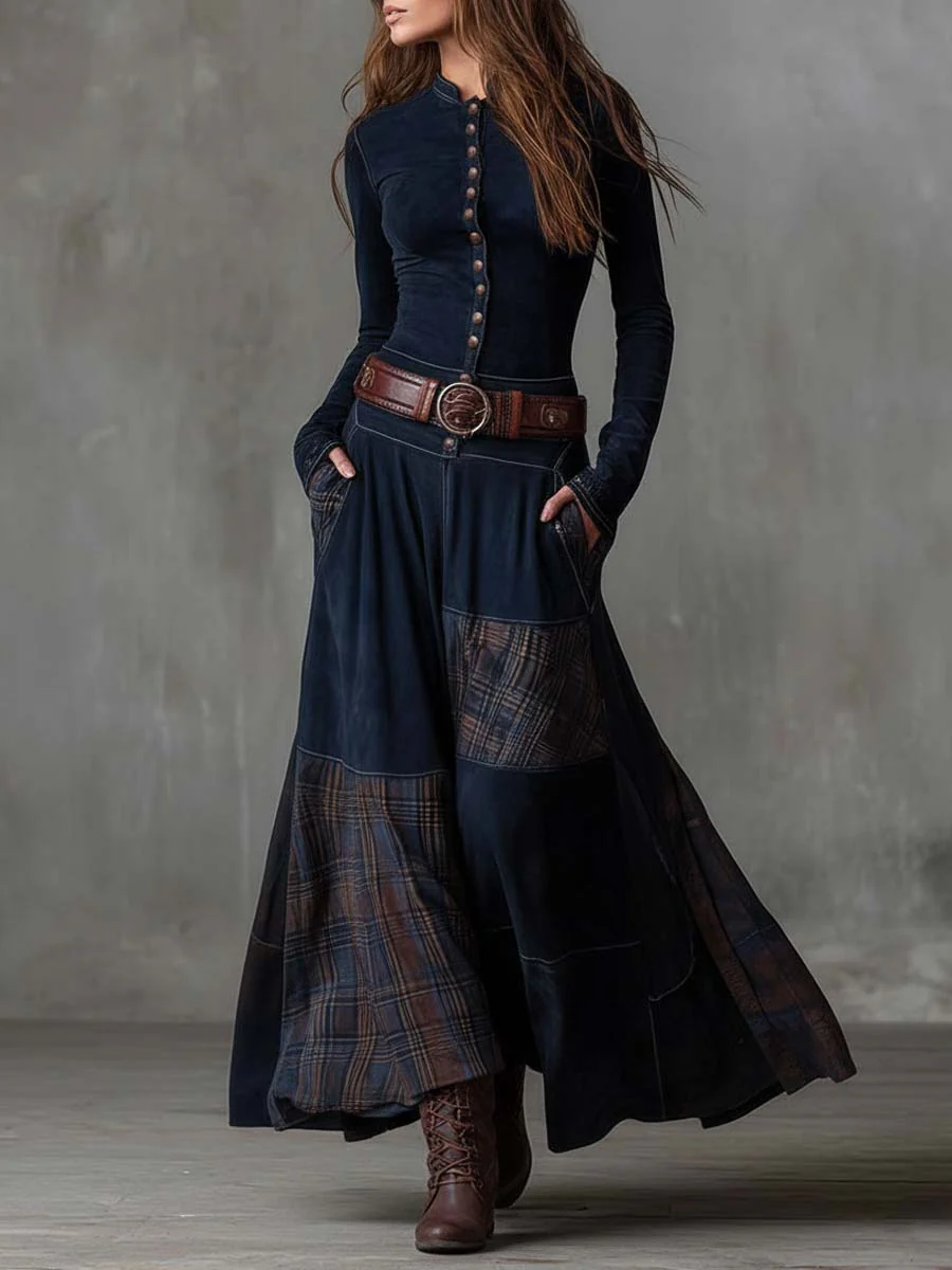 Women's navy patchwork maxi dress with plaid panels and belt