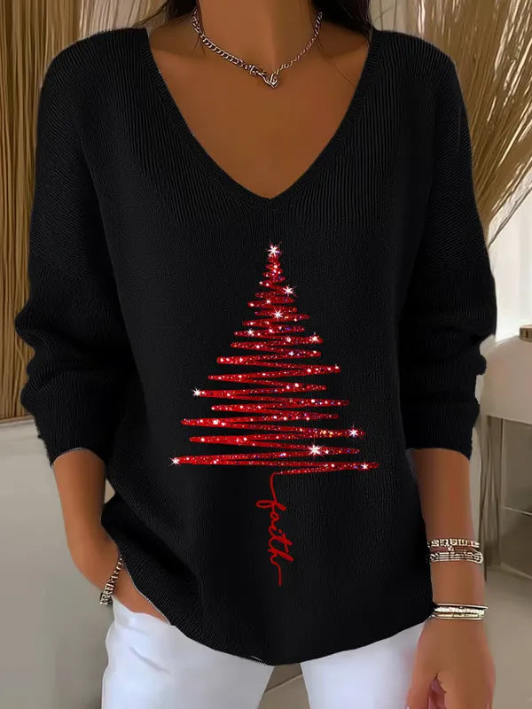 Woman wearing festive V-neck Christmas sweater with holiday print