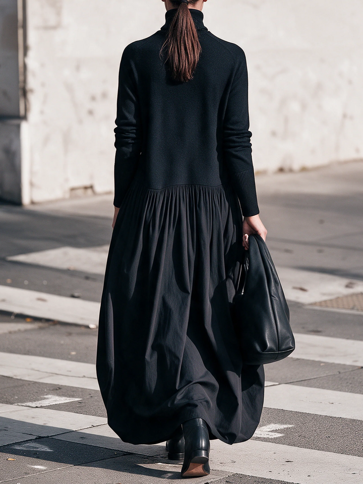 Woman wearing an oversized maxi dress with pockets