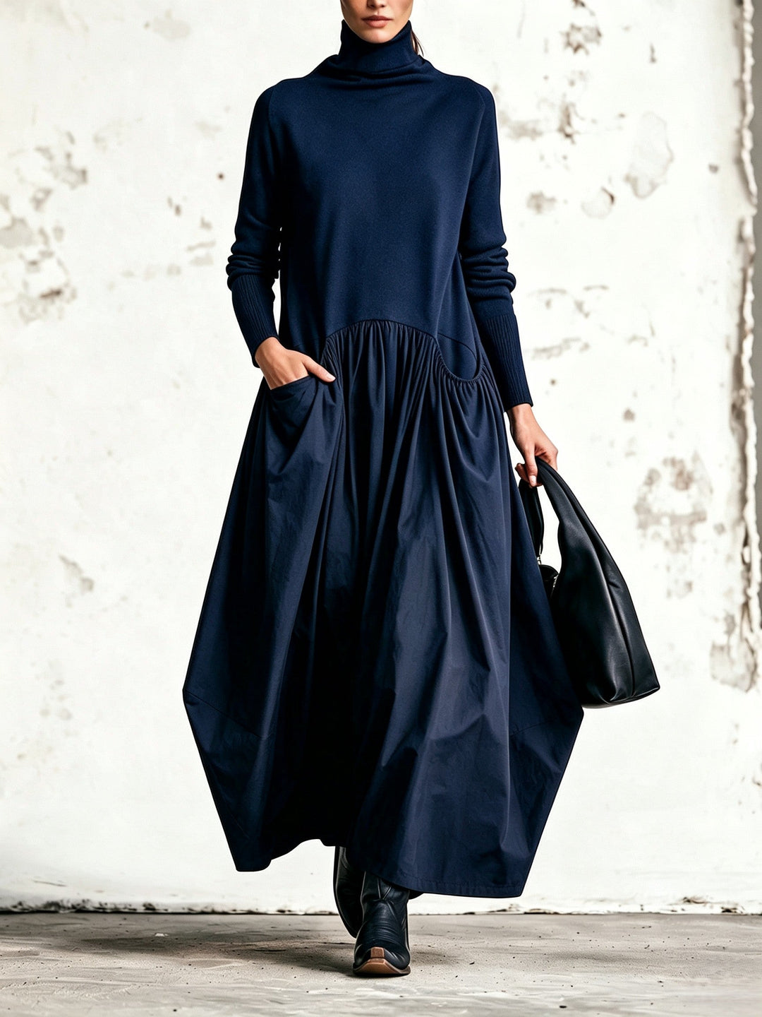 Woman wearing an oversized maxi dress with pockets