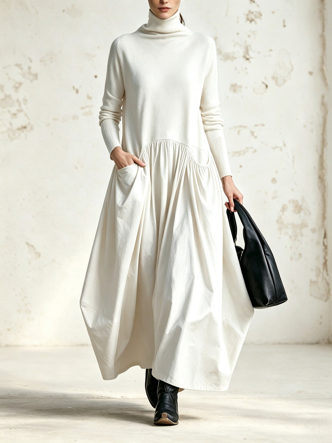 Woman wearing an oversized maxi dress with pockets