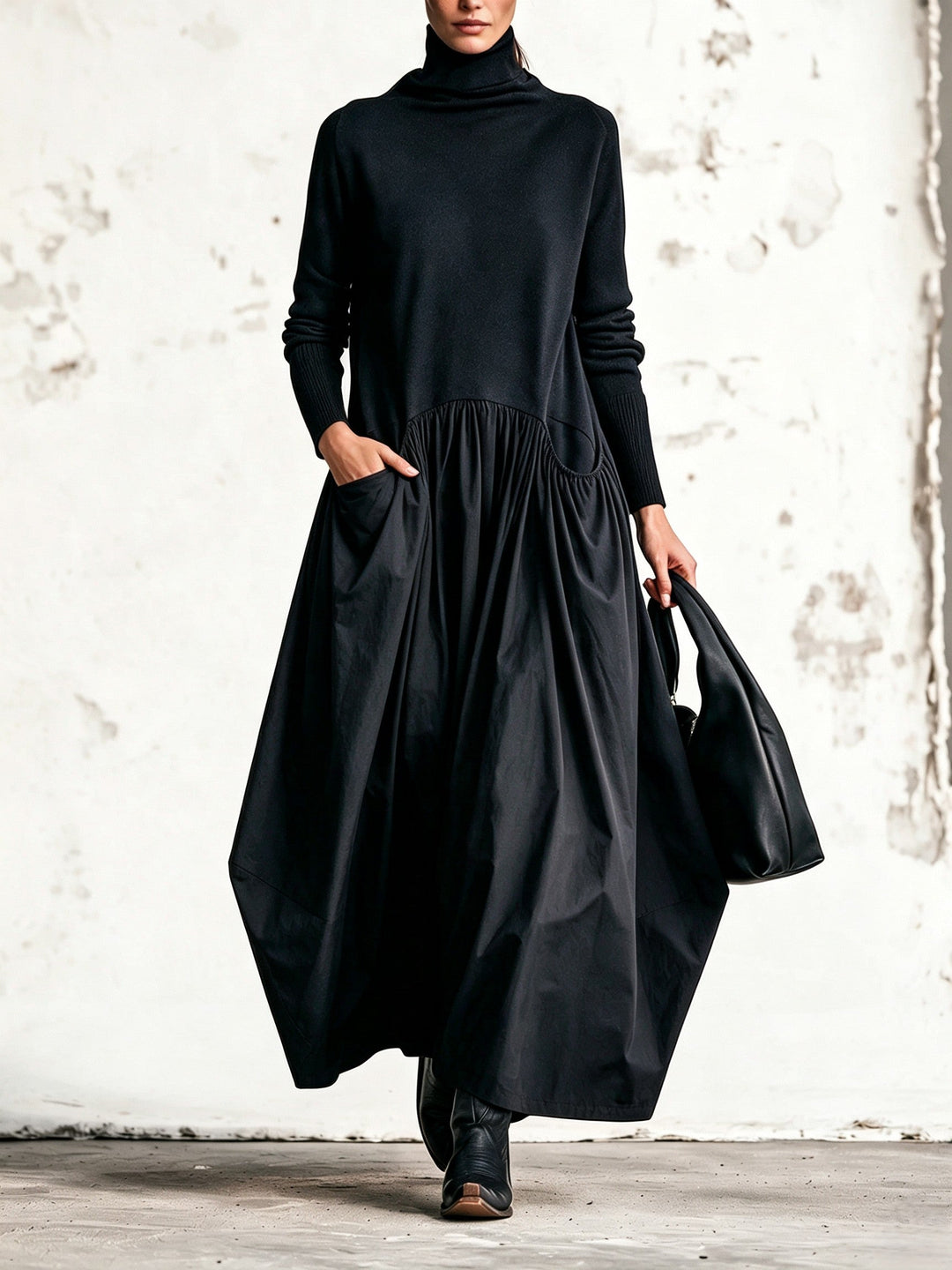 Woman wearing an oversized maxi dress with pockets