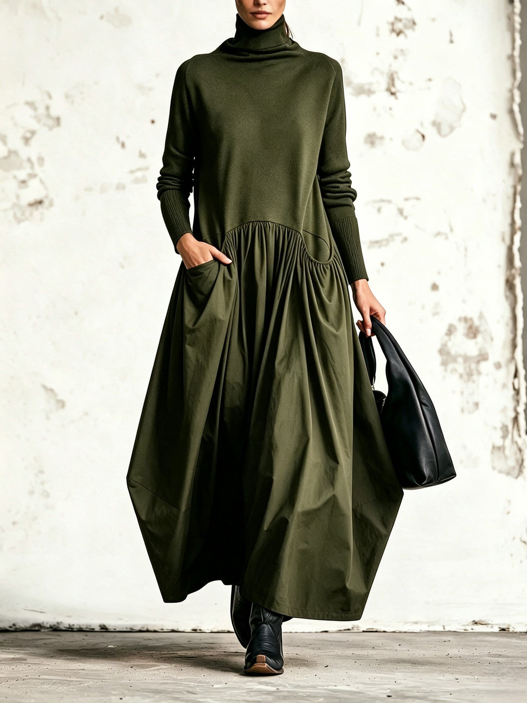 Woman wearing an oversized maxi dress with pockets