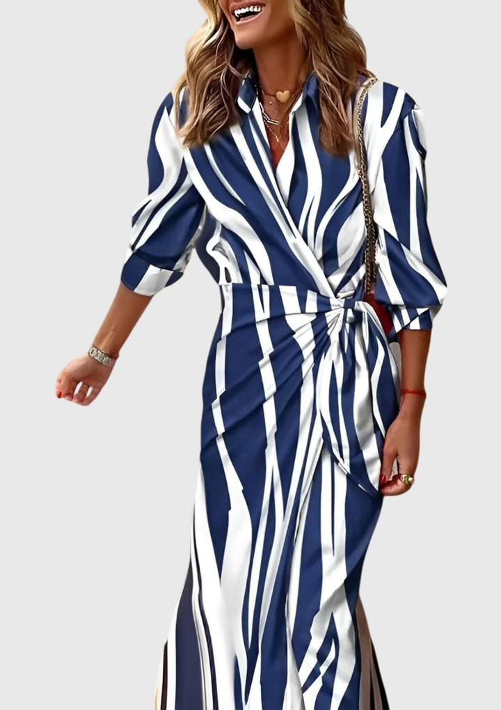 Zahara | Women's Satin Geometric Print Wrap Tie-Waist Maxi Dress Carol & Margaret Wilmington