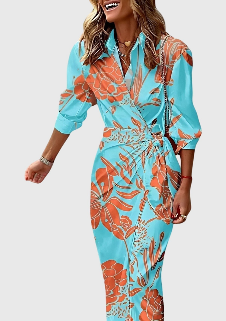 Zahara | Women's Satin Geometric Print Wrap Tie-Waist Maxi Dress Carol & Margaret Wilmington