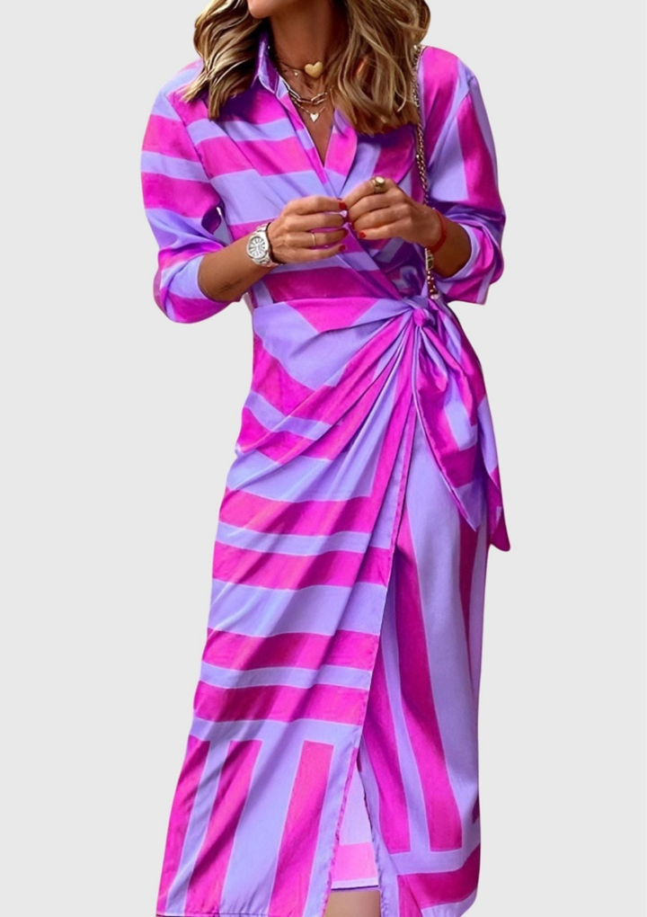 Zahara | Women's Satin Geometric Print Wrap Tie-Waist Maxi Dress Carol & Margaret Wilmington