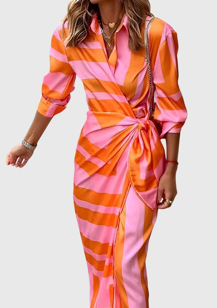 Zahara | Women's Satin Geometric Print Wrap Tie-Waist Maxi Dress Carol & Margaret Wilmington