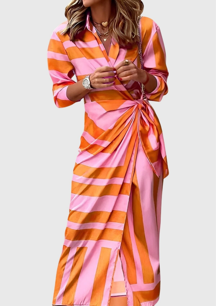 Zahara | Women's Satin Geometric Print Wrap Tie-Waist Maxi Dress Carol & Margaret Wilmington