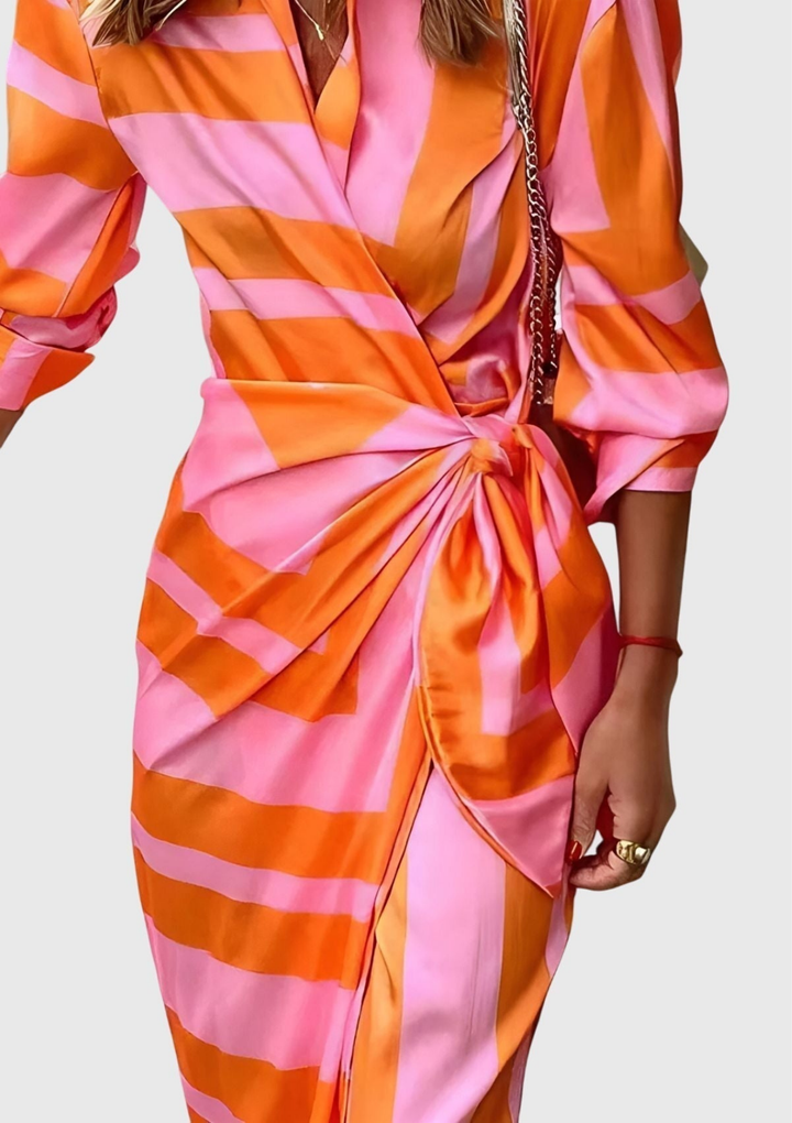Zahara | Women's Satin Geometric Print Wrap Tie-Waist Maxi Dress Carol & Margaret Wilmington