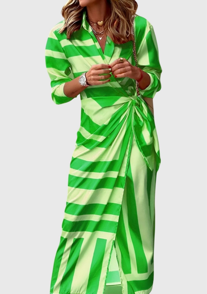 Zahara | Women's Satin Geometric Print Wrap Tie-Waist Maxi Dress Carol & Margaret Wilmington