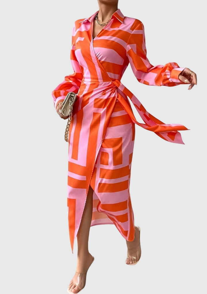 Zahara | Women's Satin Geometric Print Wrap Tie-Waist Maxi Dress Carol & Margaret Wilmington