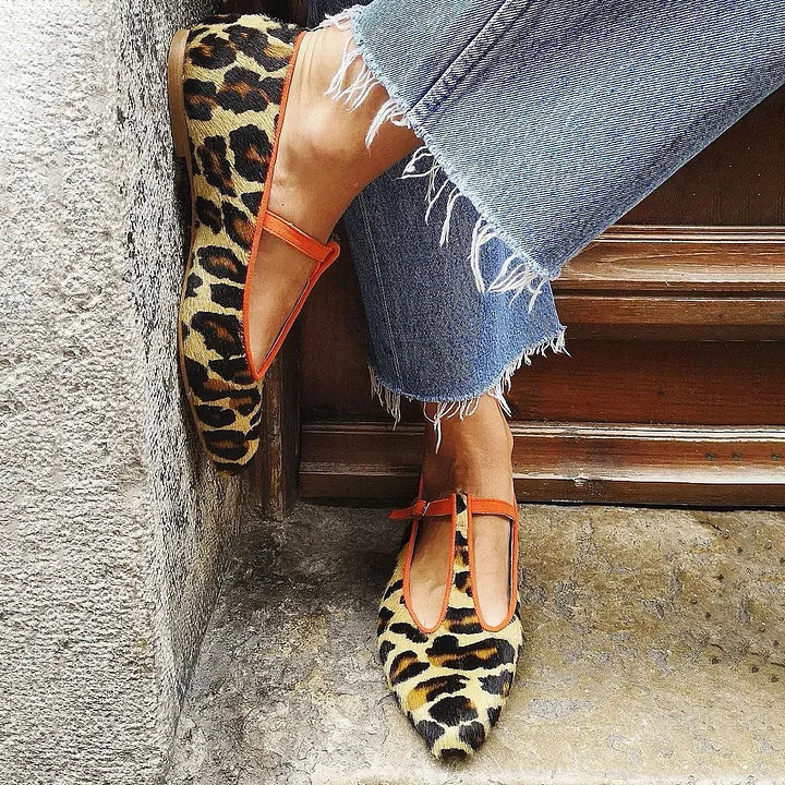 Zara | Women's Khaki Suede Leopard Print T-Strap Pointed-Toe Flats Carol & Margaret Wilmington