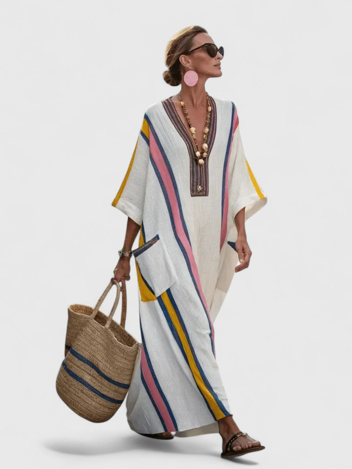 Zara | Women's Linen Stripe-Trim V-Neck Boho Maxi Dress Carol & Margaret Wilmington