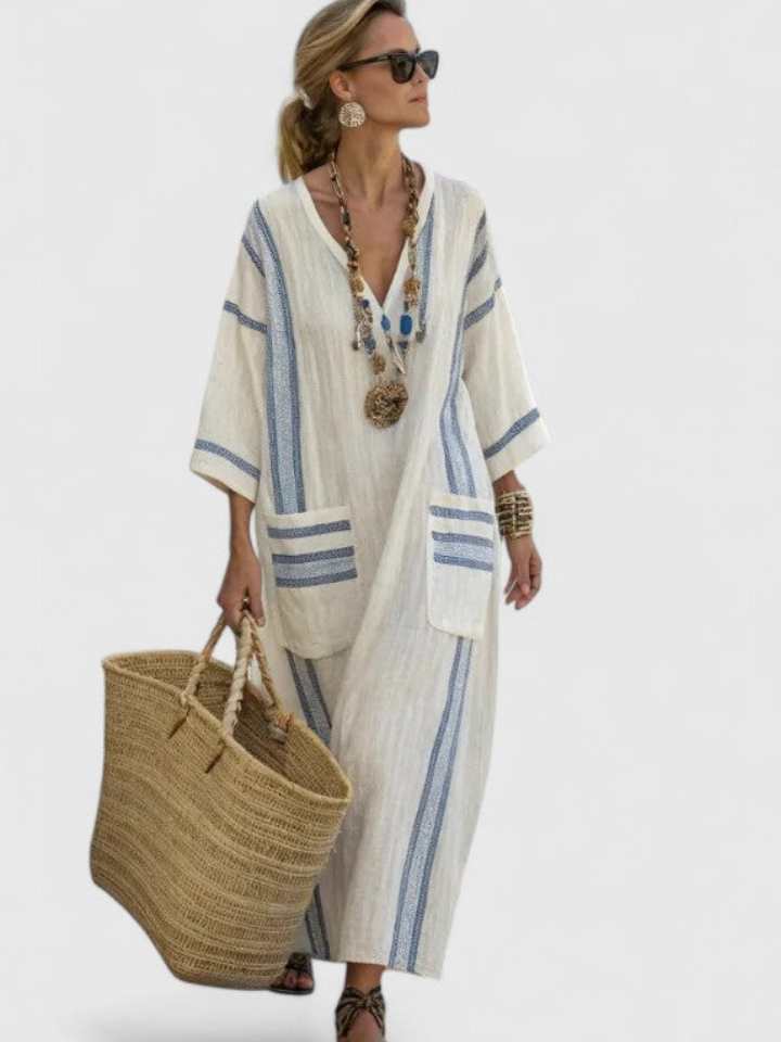 Zara | Women's Linen Stripe-Trim V-Neck Boho Maxi Dress Carol & Margaret Wilmington