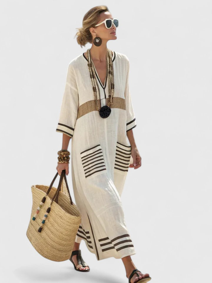 Zara | Women's Linen Stripe-Trim V-Neck Boho Maxi Dress Carol & Margaret Wilmington