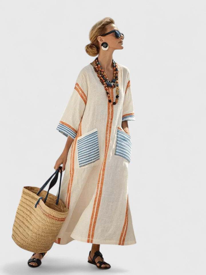 Zara | Women's Linen Stripe-Trim V-Neck Boho Maxi Dress Carol & Margaret Wilmington