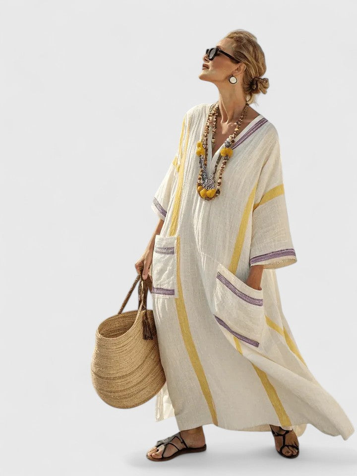 Zara | Women's Linen Stripe-Trim V-Neck Boho Maxi Dress Carol & Margaret Wilmington
