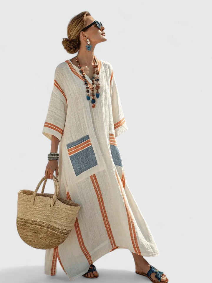 Zara | Women's Linen Stripe-Trim V-Neck Boho Maxi Dress Carol & Margaret Wilmington