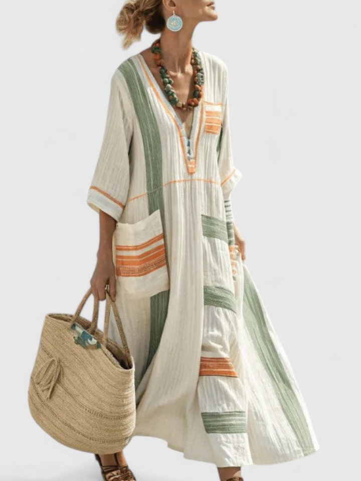 Zara | Women's Linen Stripe-Trim V-Neck Boho Maxi Dress Carol & Margaret Wilmington