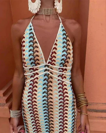 Zarina | Women's Multicolor Knit Crochet Deep V-Neck Halter Maxi Dress Carol & Margaret Wilmington